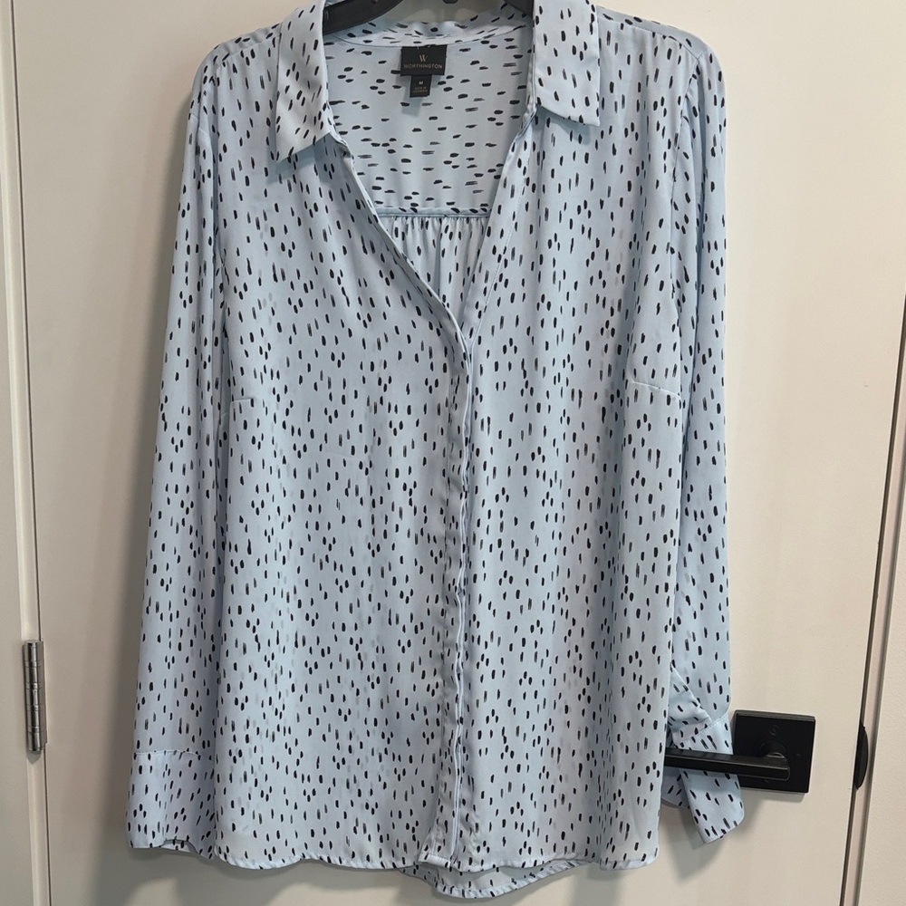 Worthington Light Blue Blouse with Black Dot Print